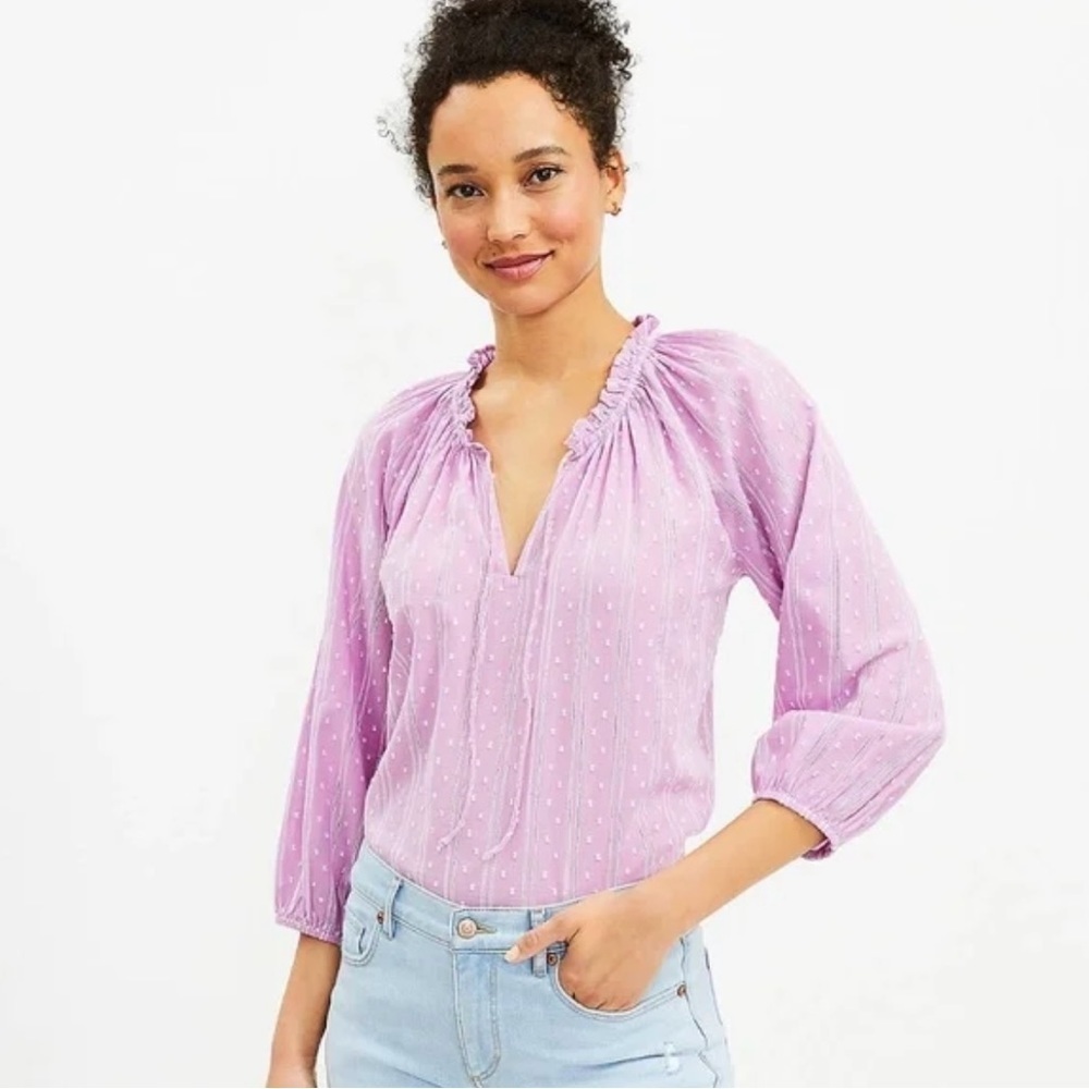 NWT Loft Lilac 3/4 Sleeve Dobby Tie Neck Blouse, Size XS